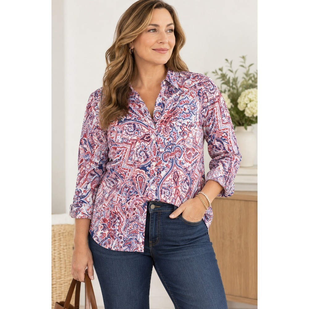 Talbots Paisley Cotton Blouse Womens L Red White Blue Button Front Long Sleeve